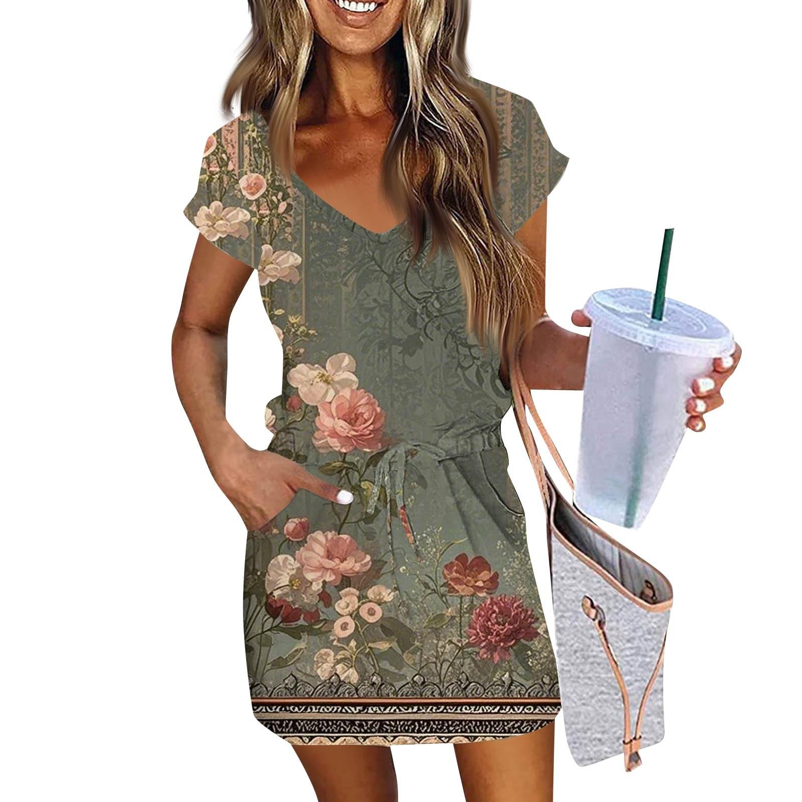 

Женские модные повседневные платья с V-образным вырезом и коротким рукавом, на шнуровке, с винтажным цветочным принтом XXL