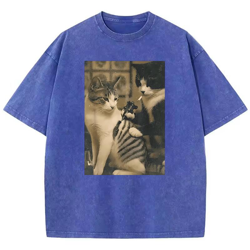 Gewassen Katoenen T-shirt Retro Rokende Kat Ontwerp Geprint Grafisch T-shirt Casual Streetwear Lente Zomer T-shirt Vintage