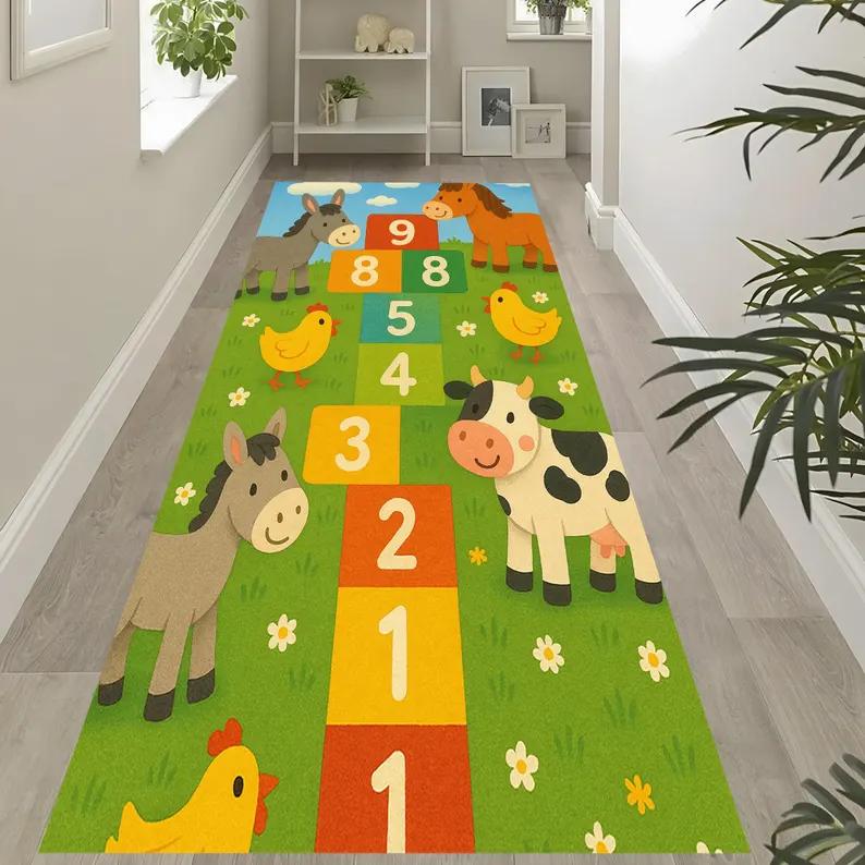 Dinosaur Hopscotch Pattern Kids Runner Rug NonSlip Mat for Playroom Nursery Living Room Jungle Theme Washable Carpet Floor Decor