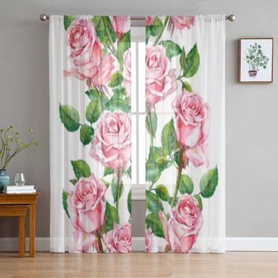 Repeating Floral Pink Rose Flowers Chiffon Sheer Curtains for Living Room Bedroom Kitchen Decoration Window Voiles Tulle Curtain