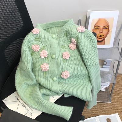 Gestrickte Strickjacken mit Blumenstickerei, koreanischer Chic, einreihiger Langarmpullover, süßer O-Ausschnitt, weiche Mäntel