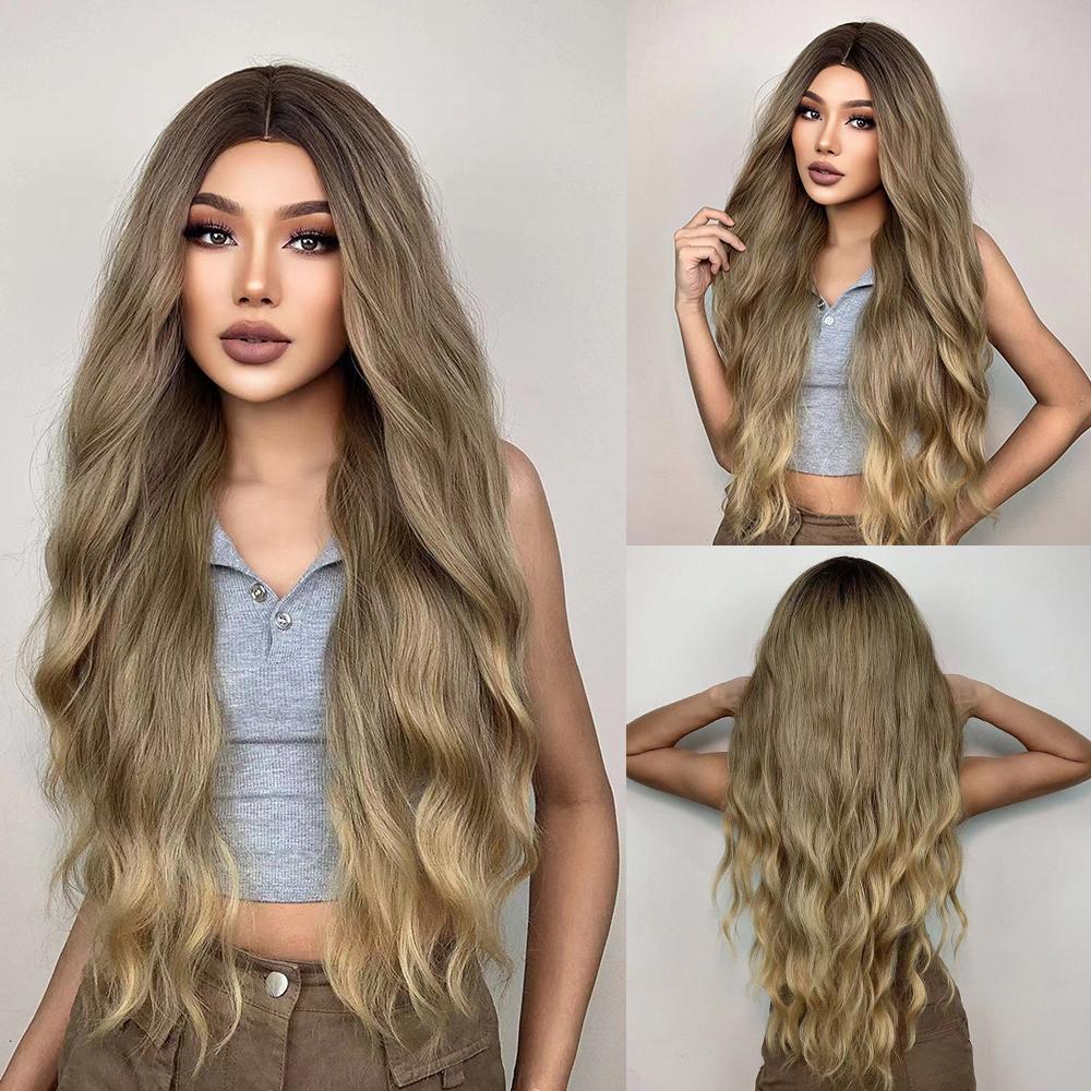 HENRY MARGU Dlouhá střední část Vlnitá syntetická paruka pro ženy Ombre Šedá Světle popelavá Blond Paruky Tmavé kořeny Umělé vlasy při vysoké teplotě