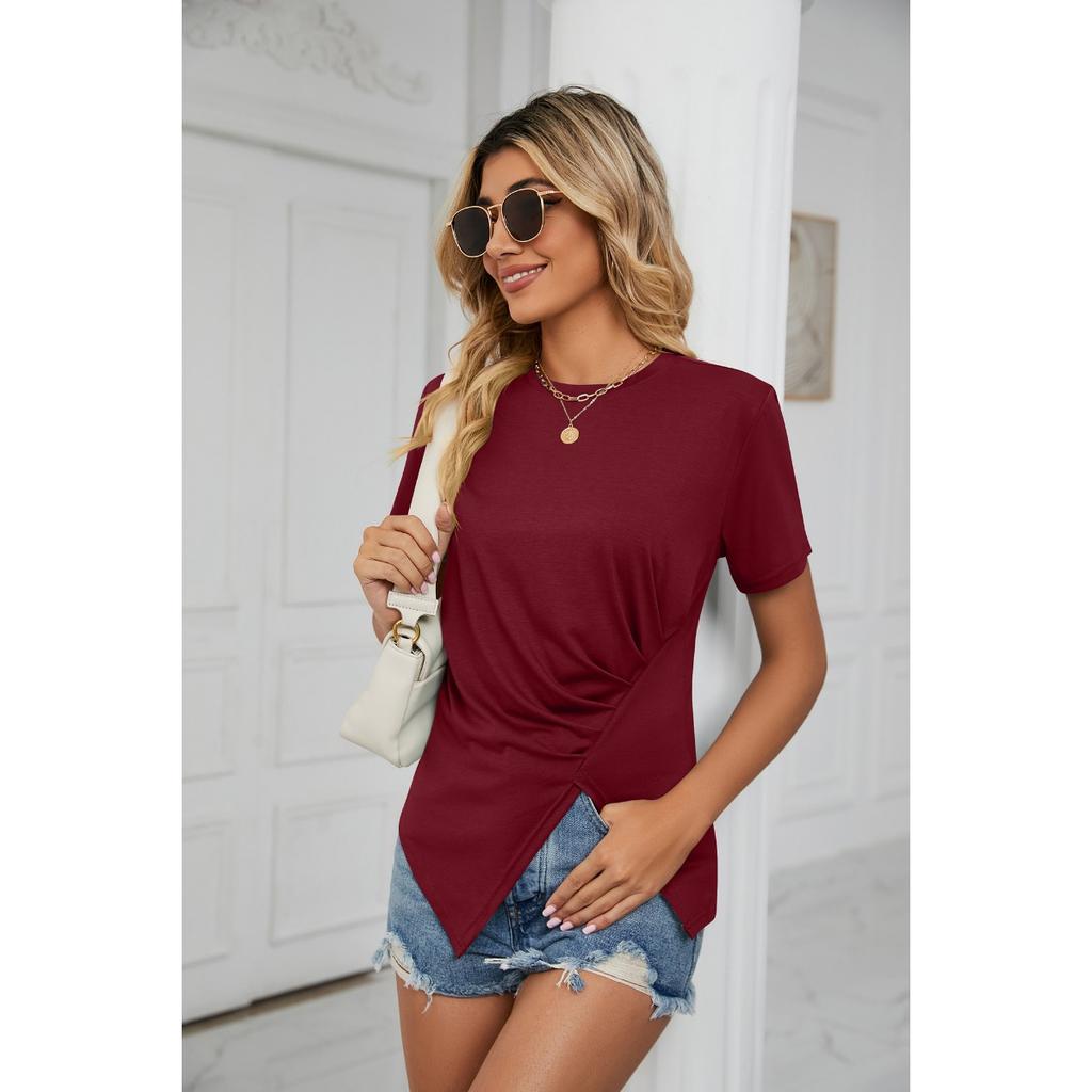 Summer Solid Color Loose Crew Neck Ruched Women's T-shirt Top for Amazon European American Cross-border Foreign Trade