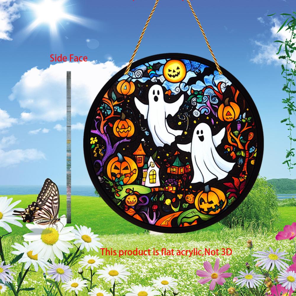 2D Flach Gruseliger Geist und Kürbis Acryl Halloween Sonnenfänger - 2D flaches Design mit kreisförmigen Hängedekorationen für Fenster, Veranden, Terrassen, Garten