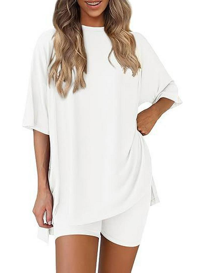 2026 Women's Casual Round Neck Slit Loose Short Sleeve Home Wear Set