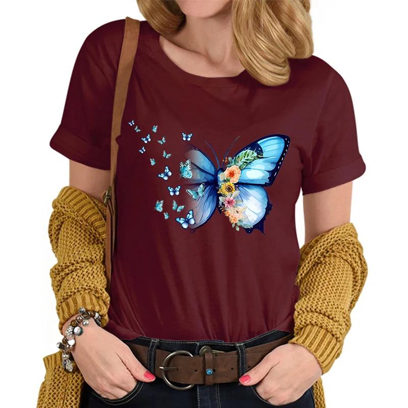 Flower Butterfly Lover Casual Tops Vintage Flower Design Tshirt Female Butterfly Print Premium Casual Short Sleeve TShirt Women