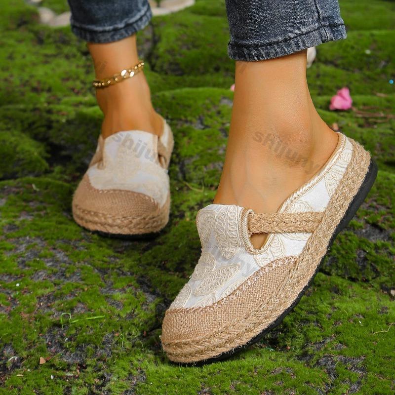 Women's Flats 2025 Summer New Vintage Weave Breathable Casual Shoes Embroidery Lightweight Comfortable Half Slippers