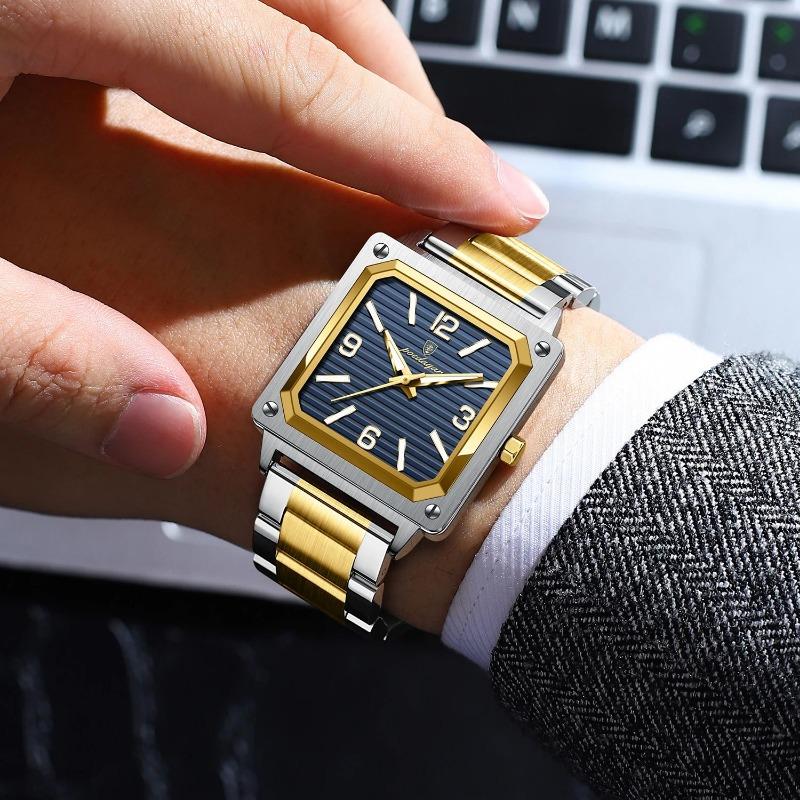 POEDAGAR Luxury Man Square Quartz Watch Waterproof Luminous Stainless Steel Watches Male Reloj+box