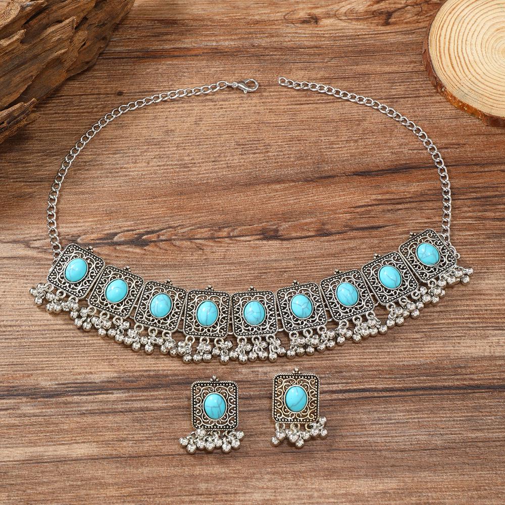 Retro Ethnic Turquoise Necklace and Tassel Earring Set