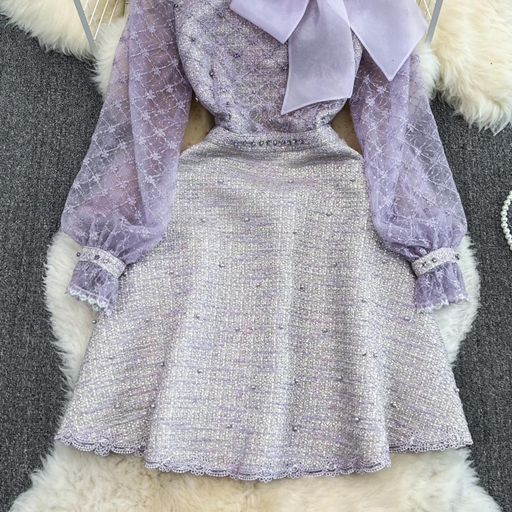 Jaro podzim ženy elegantní fialová výšivka síťovaná tvídová patchworková párty šaty motýlek korálkové mini krátké šaty