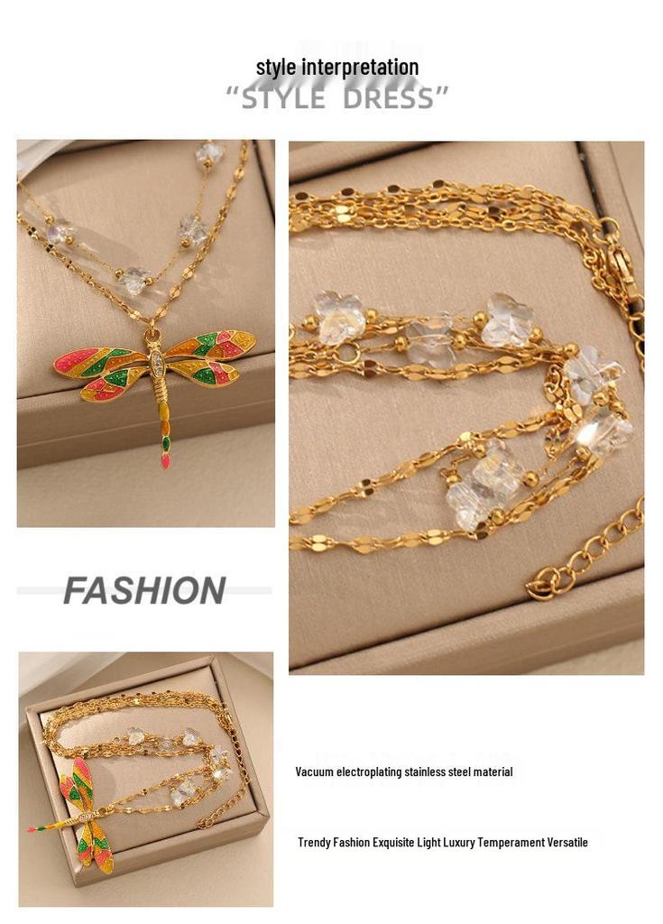 Colorful Dragonfly Pendant Necklace in 18K Gold-Plated Stainless Steel Clavicle Chain