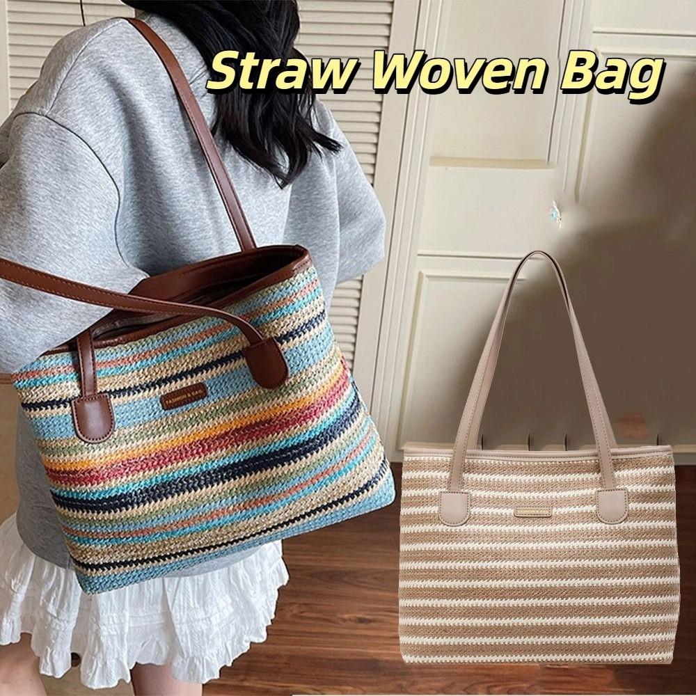 Beach Handbag Straw Woven Bag Parent Shoulder Bag Strip Shoulder Bag Bohemian Beach Bag  Streetwear
