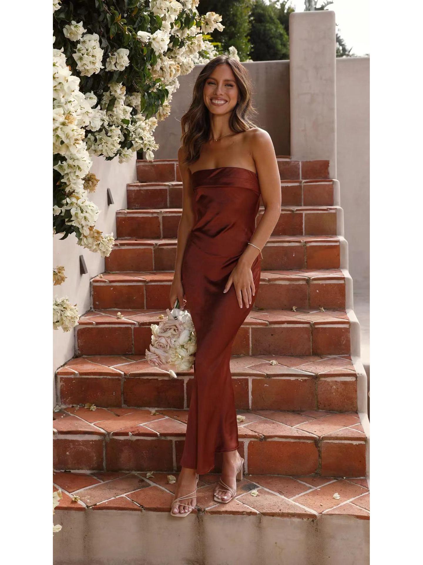 

2026 European Style Spring/Summer Women s Solid Color Backless Satin Bandeau Dress XL