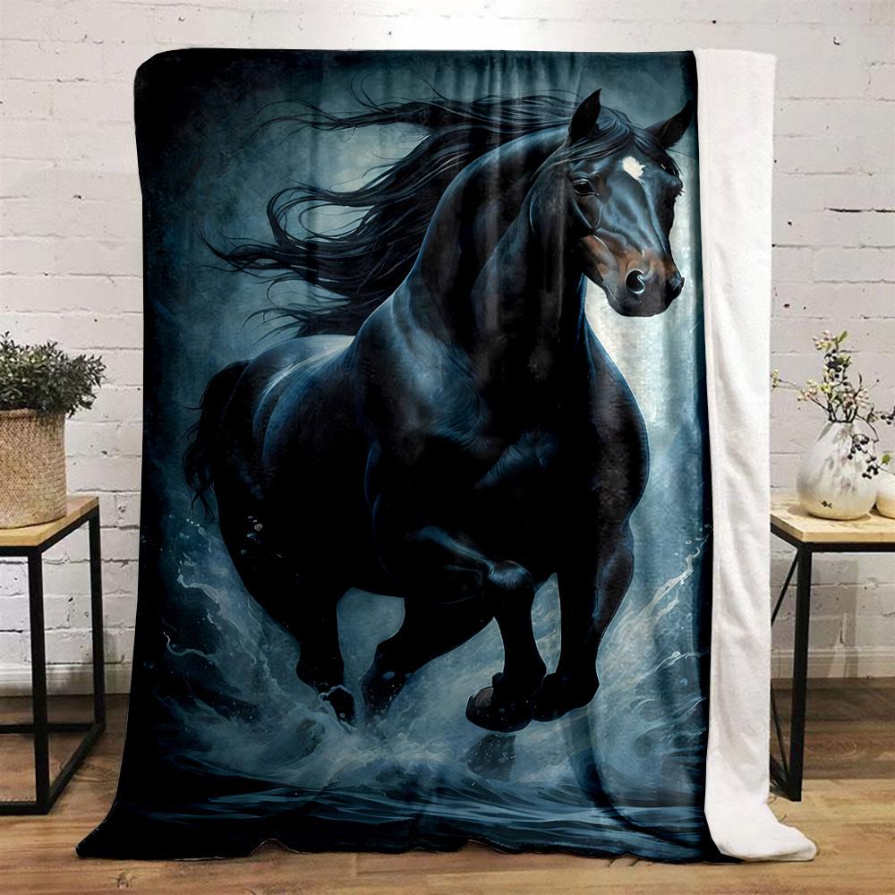 Zwart Paard Waterloop Print Deken slaapkamer Deken voor Woonkamer Bank lunchpauze Zachte plaid voor Vrienden festival Cadeau