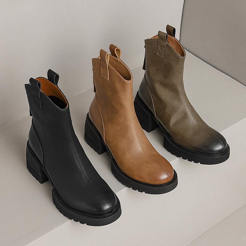 Fashion 2024 Winter Genuine Leather Women Boots Round Toe Chunk Heel Platform Shoes Solid Chelsea Boots Casual Women Shoes Green Boots
