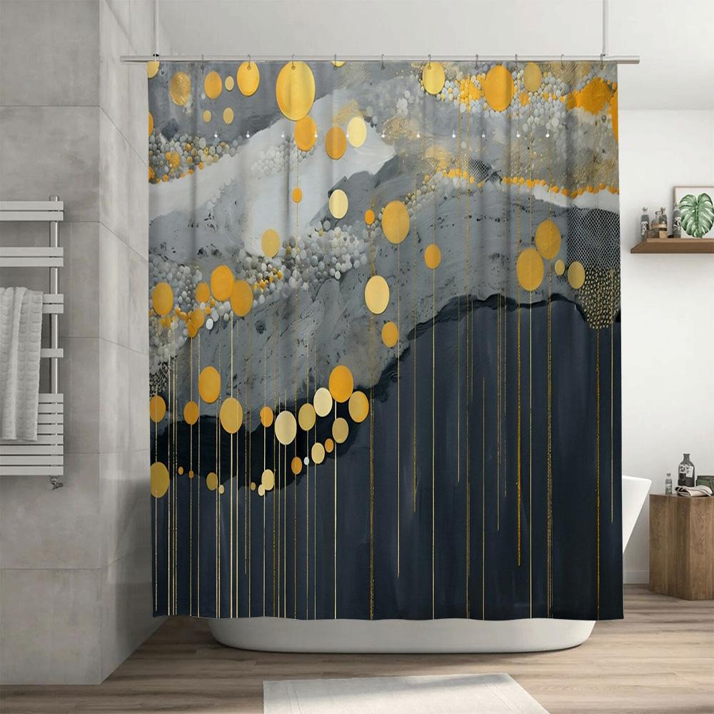 Luxury Gold White Geometric Shower Curtain Set for Bathroom Decor Heavy Duty Waterproof Fabric with Hooks (258x160cm)