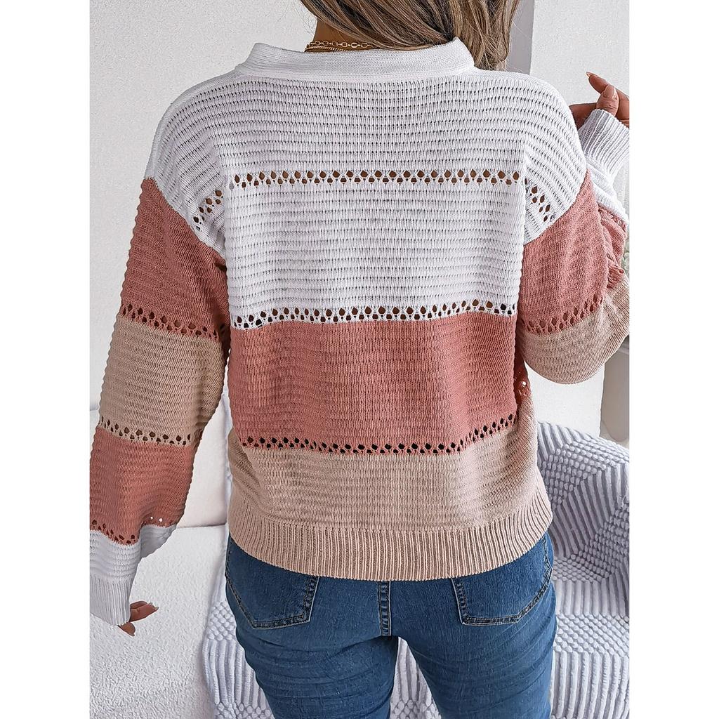 GMXIA Autumn and Winter Casual Button V-neck Cut-out Color Lantern Sleeve Pullover Sweater for Women