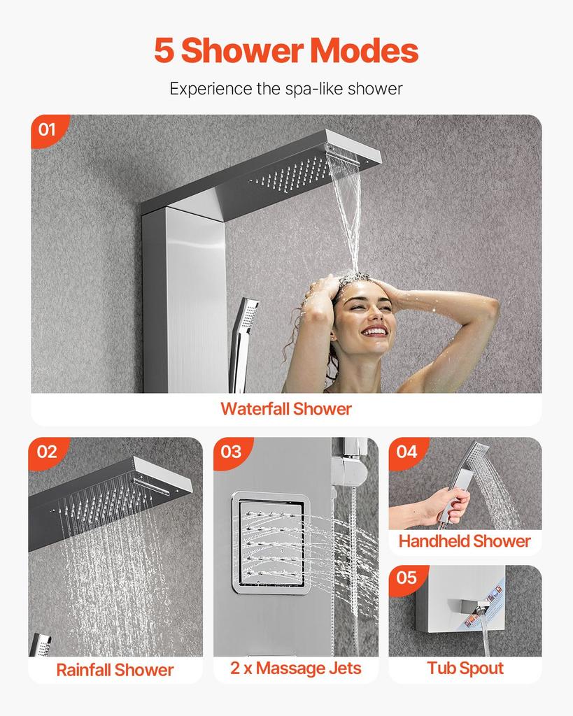 VEVOR Shower Panel Tower System with Rainfall Waterfall Shower Head, 53 in Brushed Stainless Steel Shower Column, 5-Function Faucet