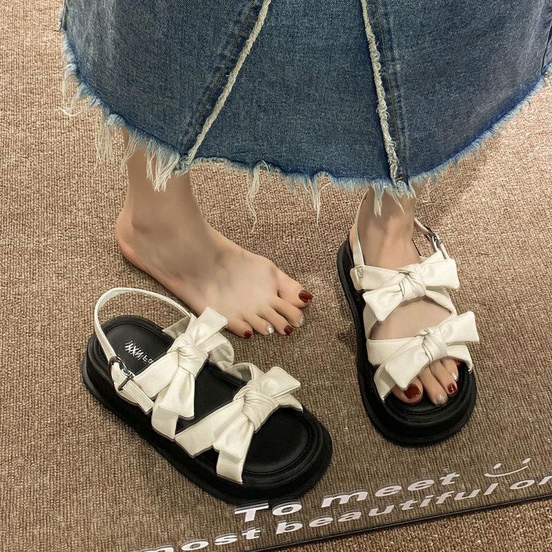 Platform Sandals Women's Summer New Bow French Retro with Skirt Casual Beach Roman Shoes