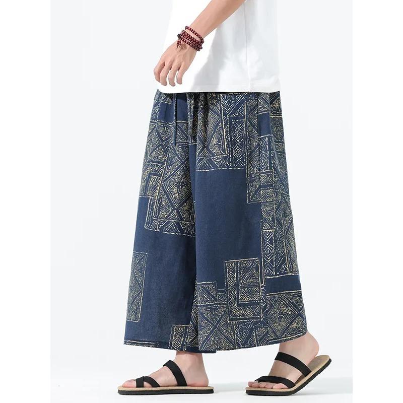 

Mens Ethnic Geometric Print Wide Leg Cropped Pants M синий