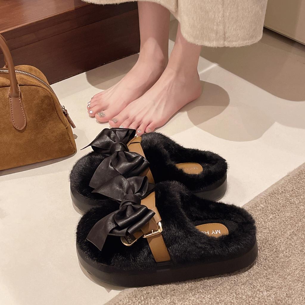 Fairy Wind Bow Slippers Female 2025 Autumn and Winter Fashion Girl Heart Indoor Warm Ins Plush Cotton Slippers