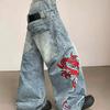 American High Street Spice Retro Embroidery Graffiti Print Jeans Women's Summer New Loose and Thin Trousers Wide-leg Trousers