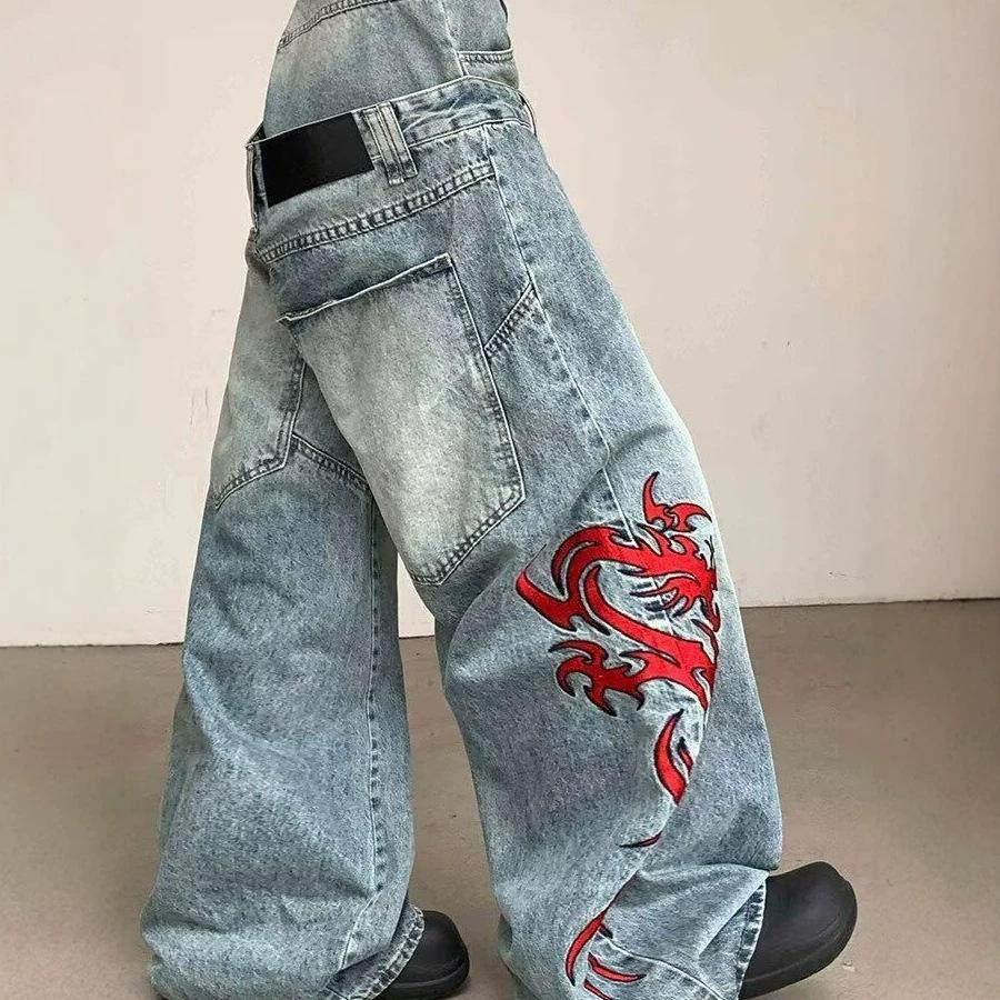 American High Street Spice Retro Embroidery Graffiti Print Jeans Women's Summer New Loose and Thin Trousers Wide-leg Trousers