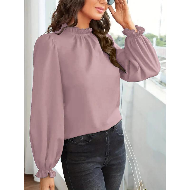 Women's Fashion Casual Spring Fall Solid Color Print Long Sleeve O-Neck Blouses & Shirts