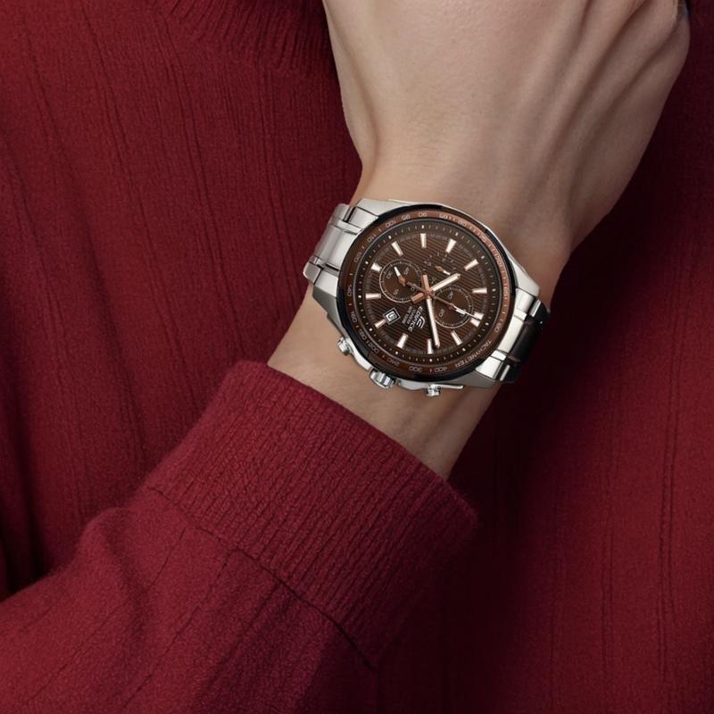 Casio 100 Meters Waterproof, Quartz Movement, Stainless Steel Strap, Japanese and Korean Watch, Men's Watch, Brown Dial EF-566D-5AV