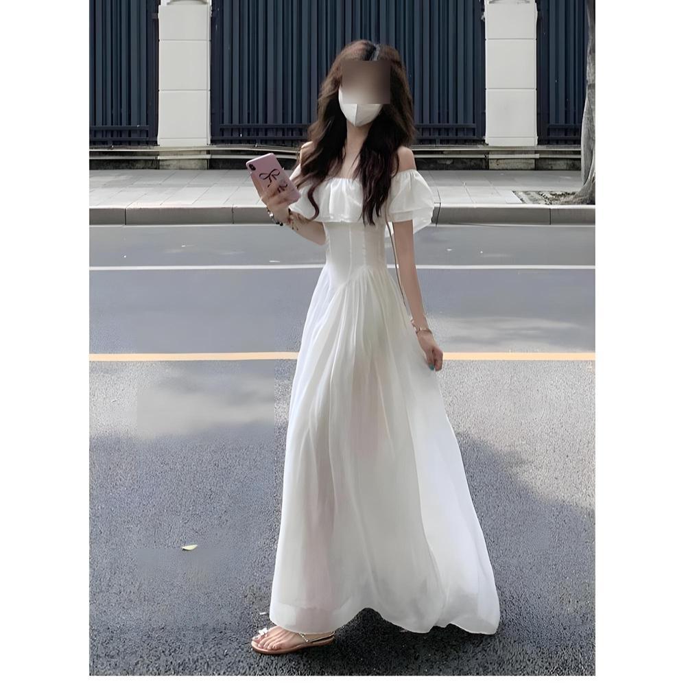 White dress women's summer temperament new long waist one-word shoulder flying sleeves a-word skirt square neck ruffle edge