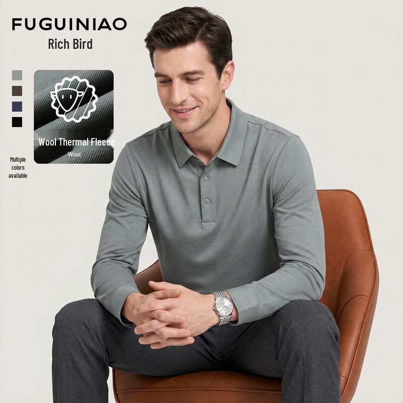 FUGUINIAO Men s Wool Modal Long-Sleeve Polo Shirt L