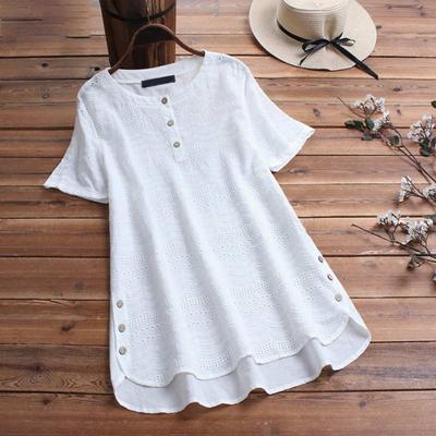 Women T-shirt Solid Color O Necks Hollow Out Embroidery Blouse for Daily Wear