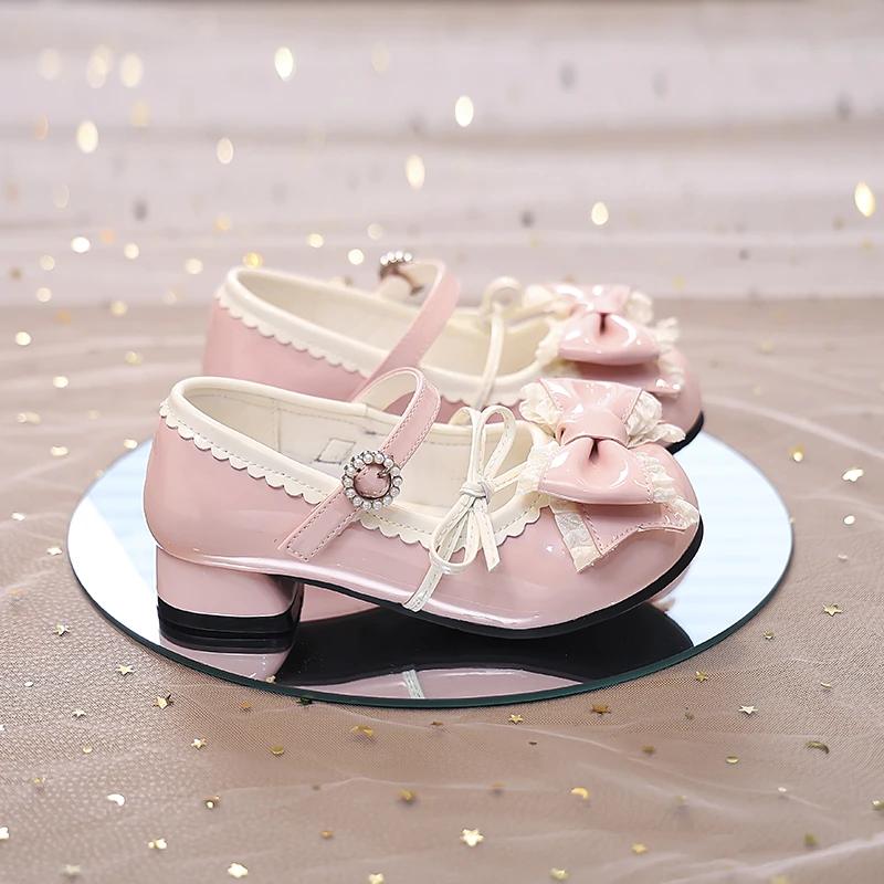 Girls High Heeled Dress Shoes Princess Chic with Double Bow-knot Kids Princess Wedding Party High Heels Fashion Leather Shoes