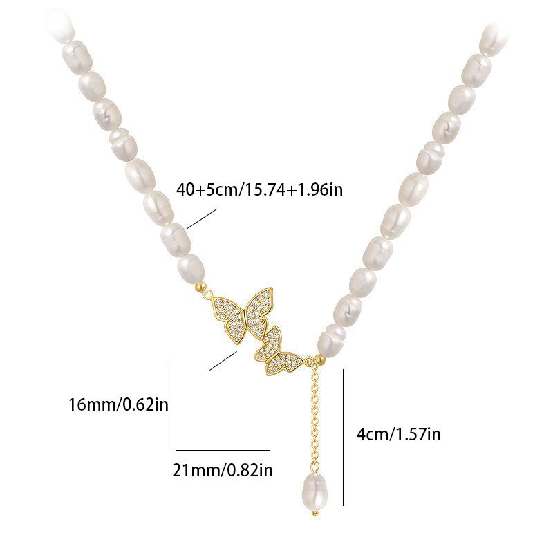 Vintage Elegant Pearl Necklace for Women Tassel Butterfly Pendant Alloy Choker Collarbone Chain Retro Summer Jewelry Gift