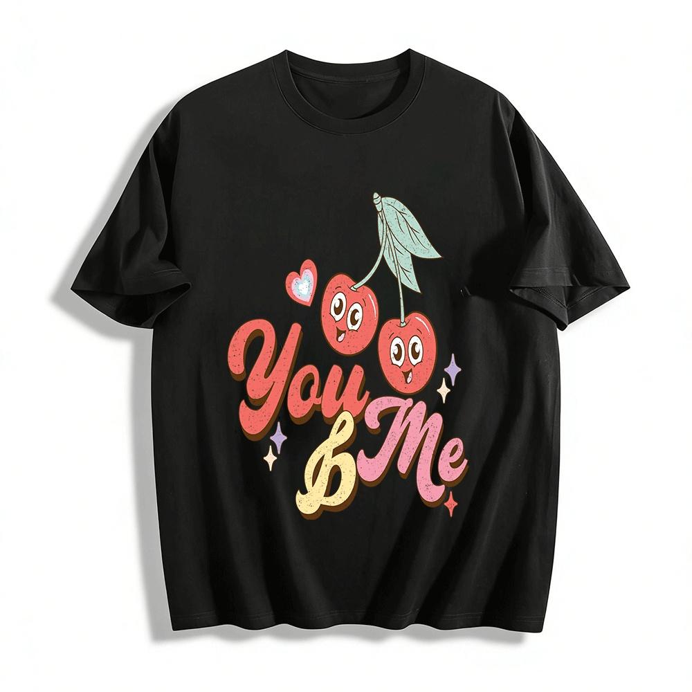 Retro Cherry You And Me Sweet Print Casual Crewneck Top Pure cotton T-shirt XXS