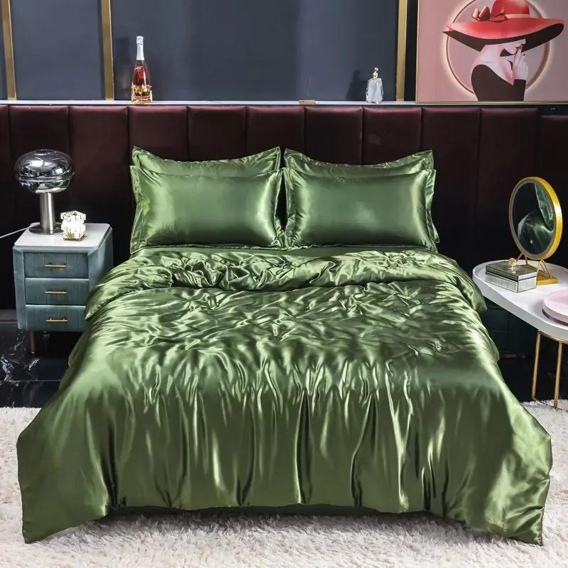 Nordic Satin Silk Bedding Set with Duvet Cover Bed Sheet Pillowcases Luxury Solid Single Double Couple Pillow Case Bedsheet