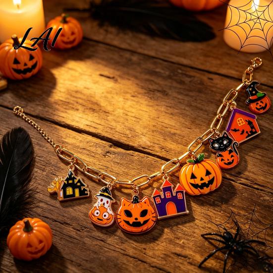 Acrylic Pumpkin Wrist Jewelry Halloween Charm Bracelets for Women Cute Spooky Cat Ghost Castle Pendant Party Decoration Bracelet Adjustable
