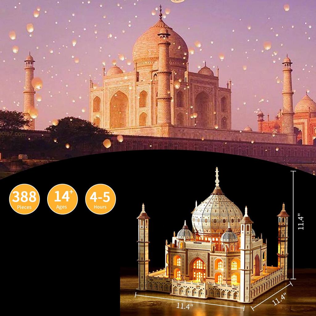 Hallisun 3D Wooden Puzzle Taj Mahal Wooden Model with LED Light India Building Building 3D Puzzle Craft Handicraft DIY Mechanical Assembly Kit for