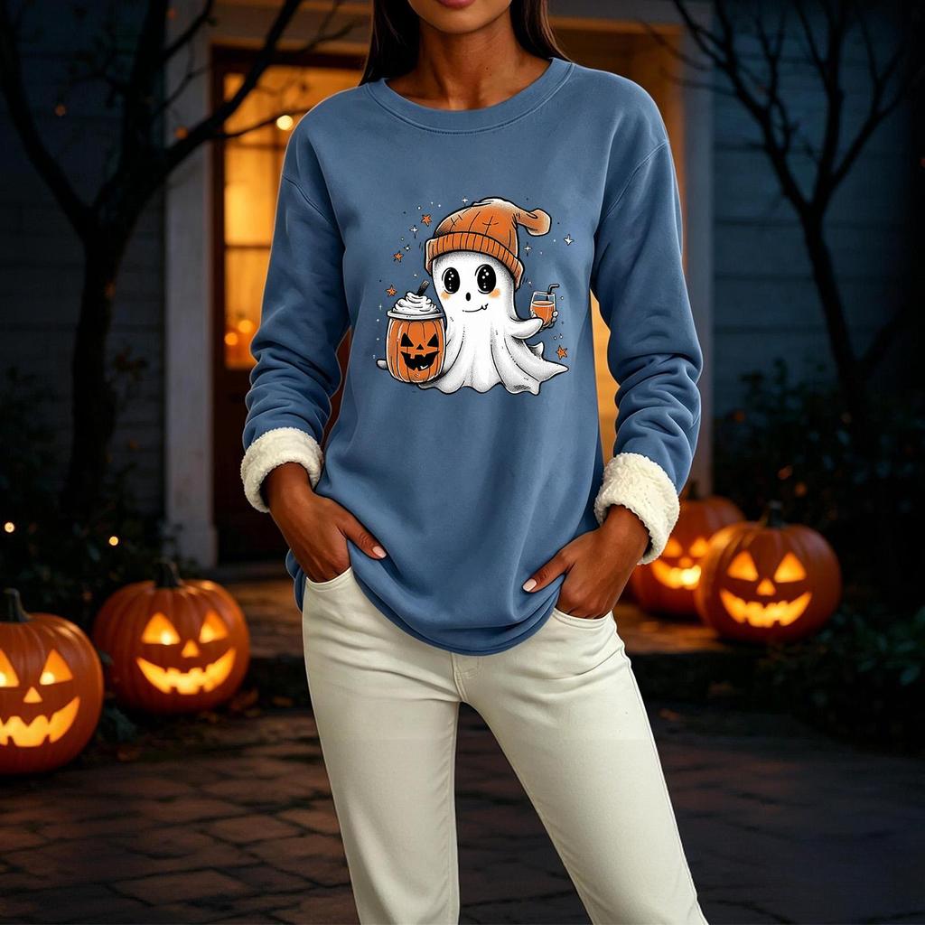 Women's -Lined Long Sleeve Crewneck T-Shirt with Halloween Print for Winter Casual Wear