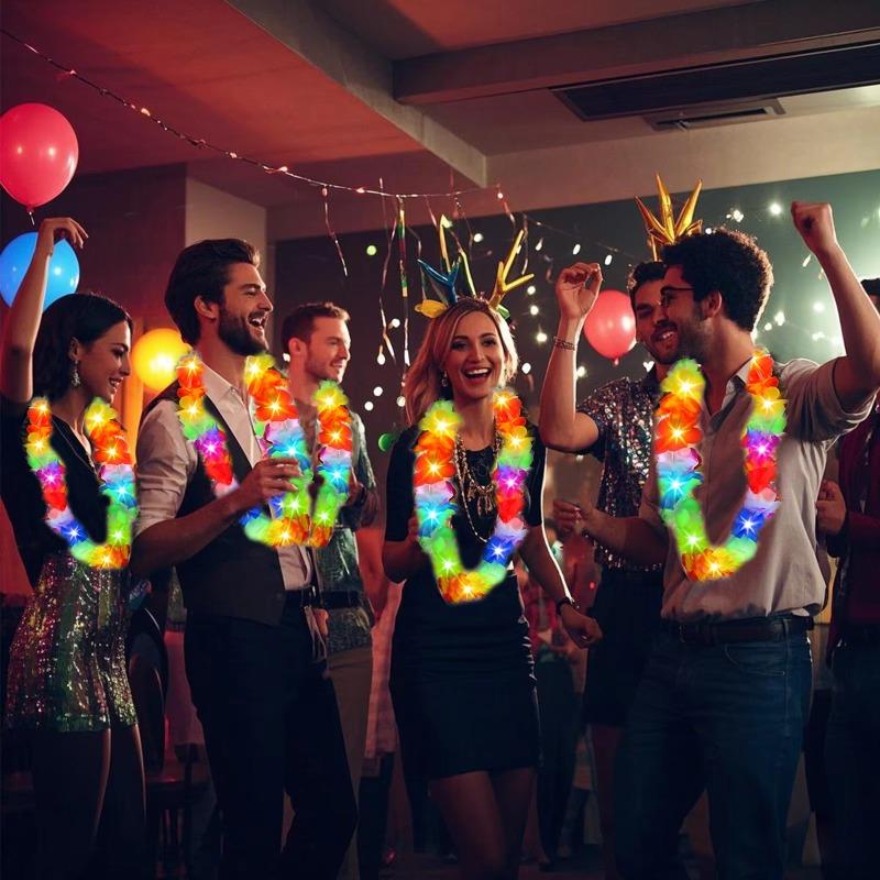 36Pcs LED Light‑Up Hawaiian Flower Lei Necklace, Random Color Floral Garland, Tropical Decor for Party, Evening Events and Camping