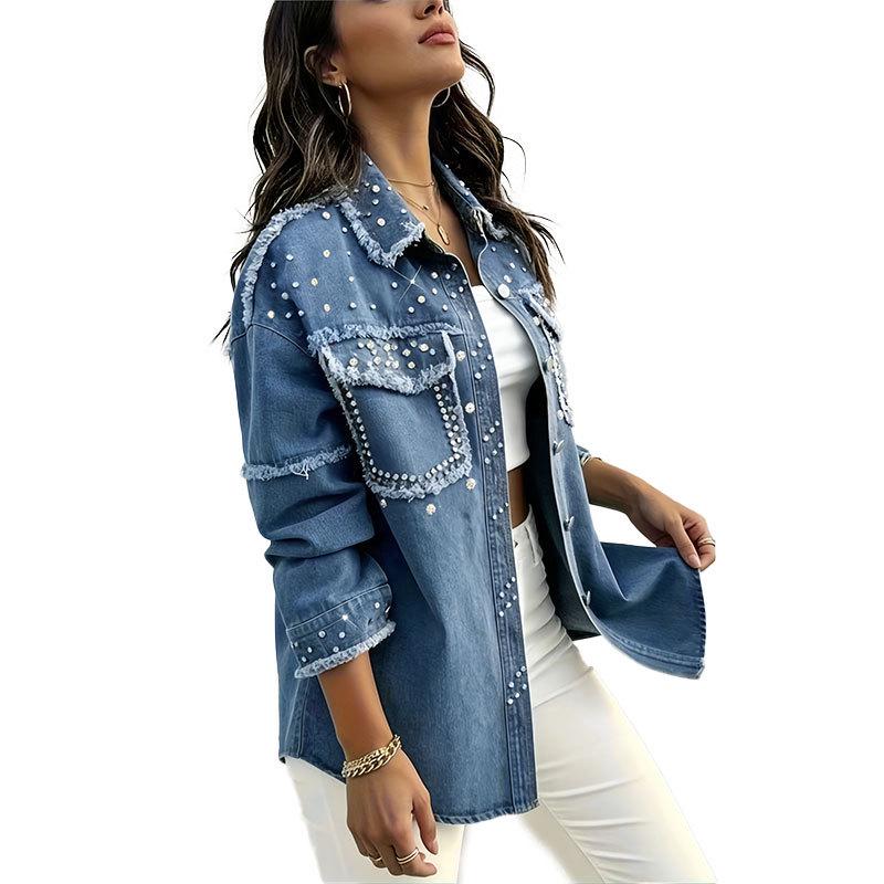 Beaded Long Lapel Oversize Blue Denim Jacket for Women