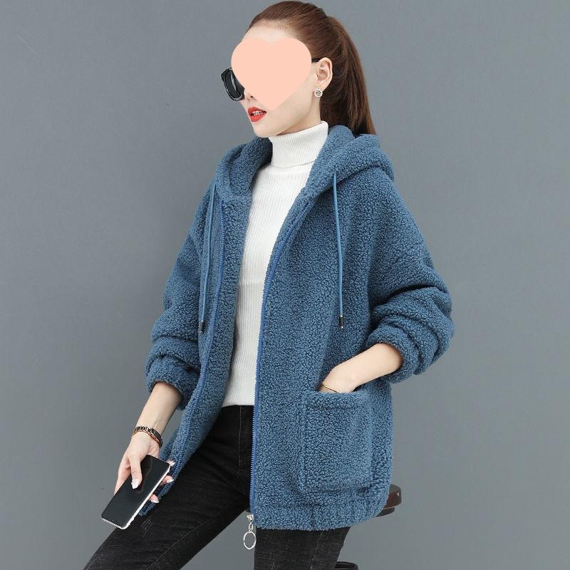 Lamb fleece sweater women's fleece thickened new autumn and winter loose zipper cardigan lamb fleece jacket khaki