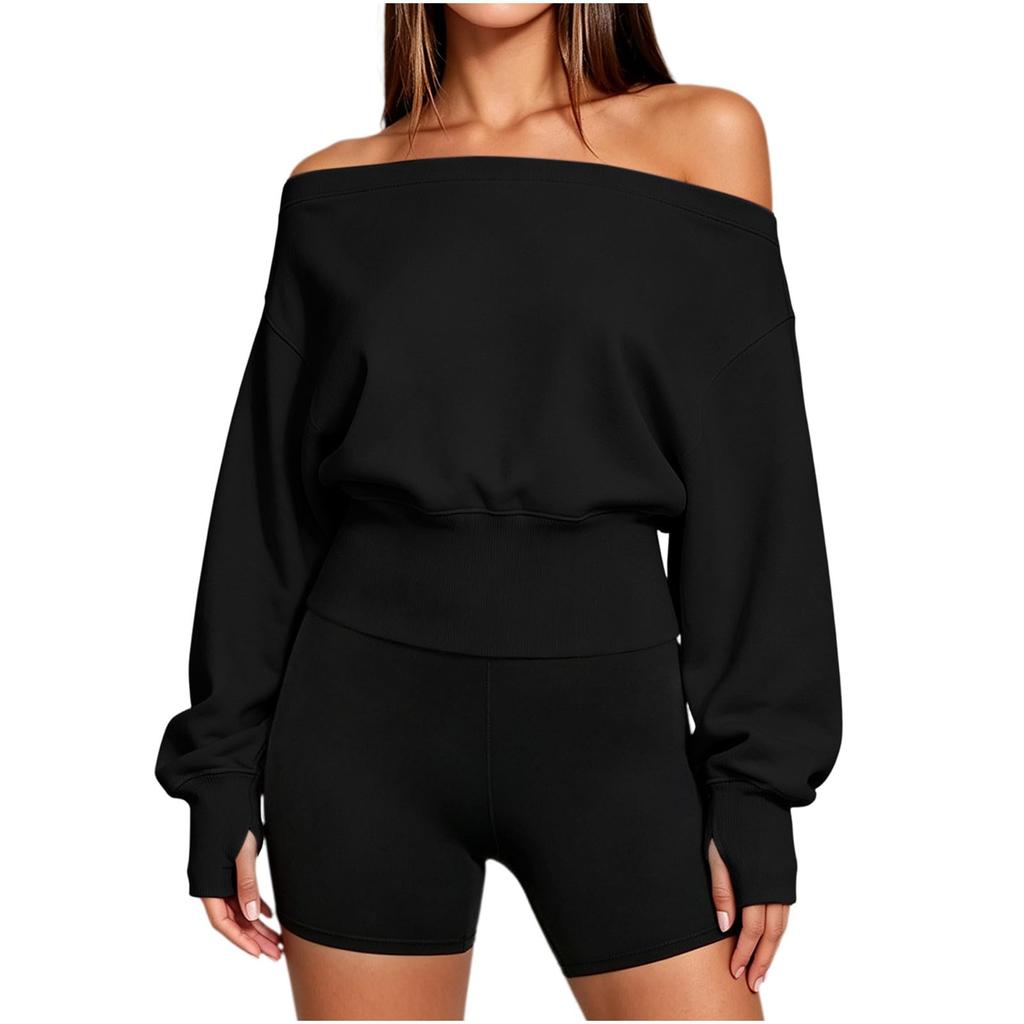 Women's Casual Off Shoulder Long Sleeve Sweatshirt with Thumbholes, Pullover Top for Everyday Wear
