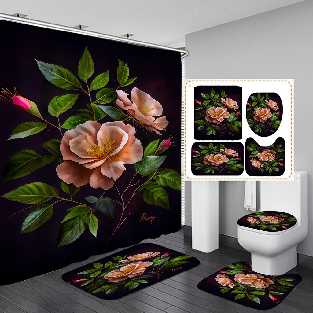 4Pcs Painted Floral Shower Curtain Set with Non-Slip Bath Mat, Toilet Lid Cover, Contour Rug & 12 Hooks, Bathroom Decor