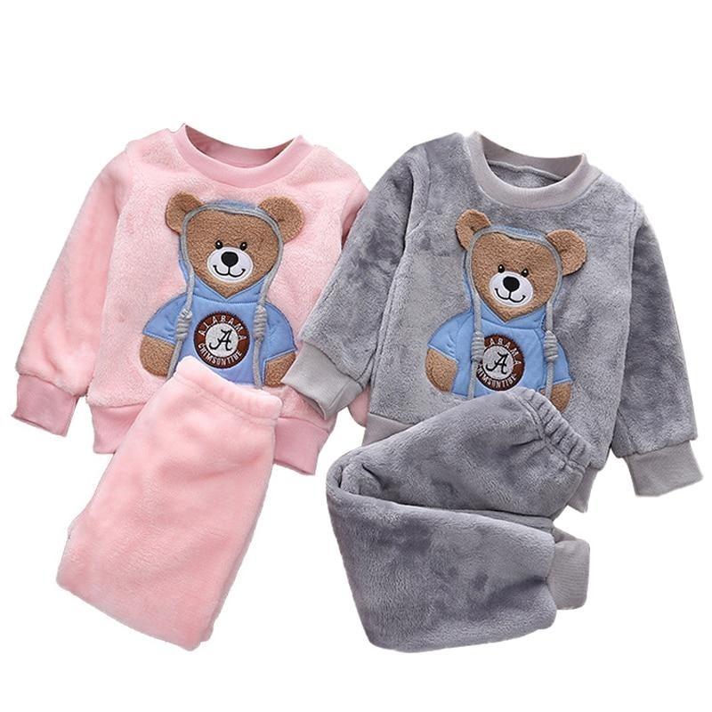 Småbarn Baby Gutter Klær Høst Vinter Barn Flanell Pyjamassett Tykk Varm Genser Tegneserie Søt bjørn Todelt Jentedress Joggedress