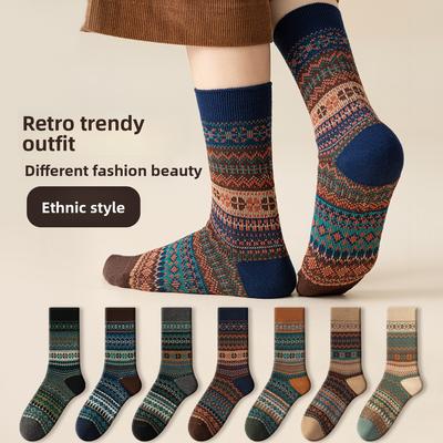 Damen-Mittelwadensocken im Ethno-Stil für Herbst und Winter, Fleece und verdickt, warme Heimschlafsocken, lange Wade für Winter