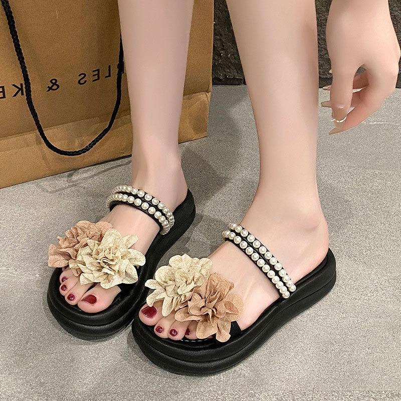Two wearing JX cool slippers women's new fashion pearl niche word with thick bottom drag