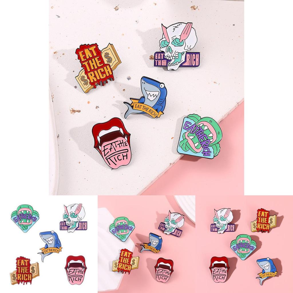 Adorable Cartoon Shark Skull Metal Brooch Featuring Cute Lips Design For Fashionable Accessories