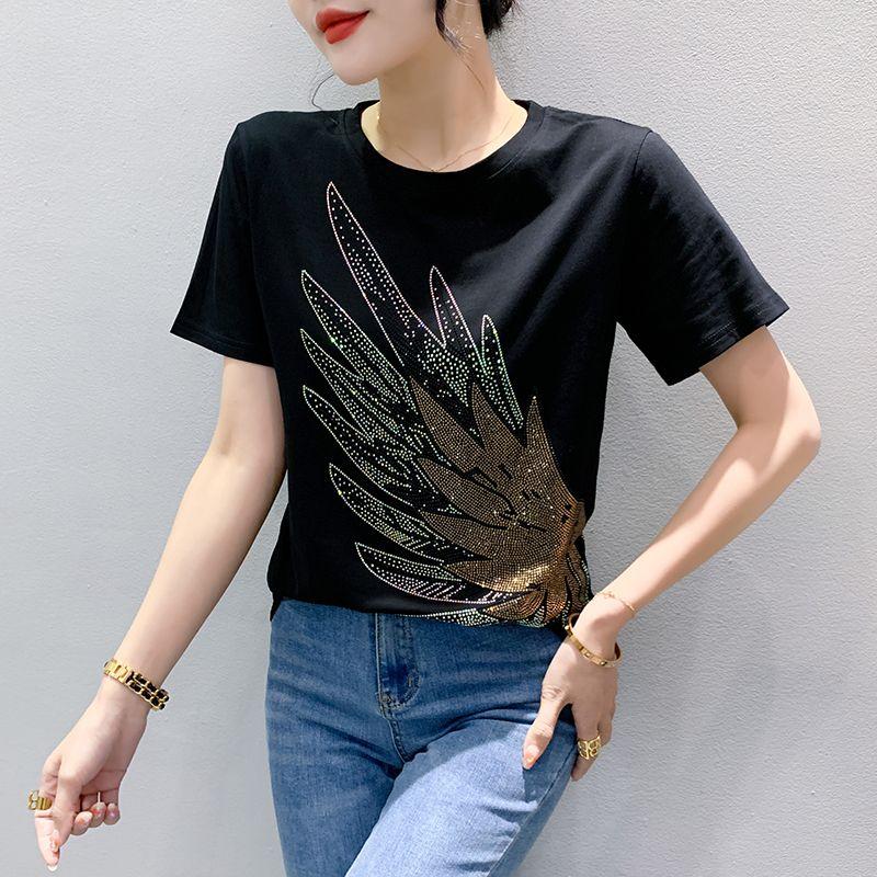 Sommer Design Flügel Diamant Kurzarm T-Shirt für Damen Baumwolle Locker Slim T-Shirt Modisches Vielseitiges Top Trendy