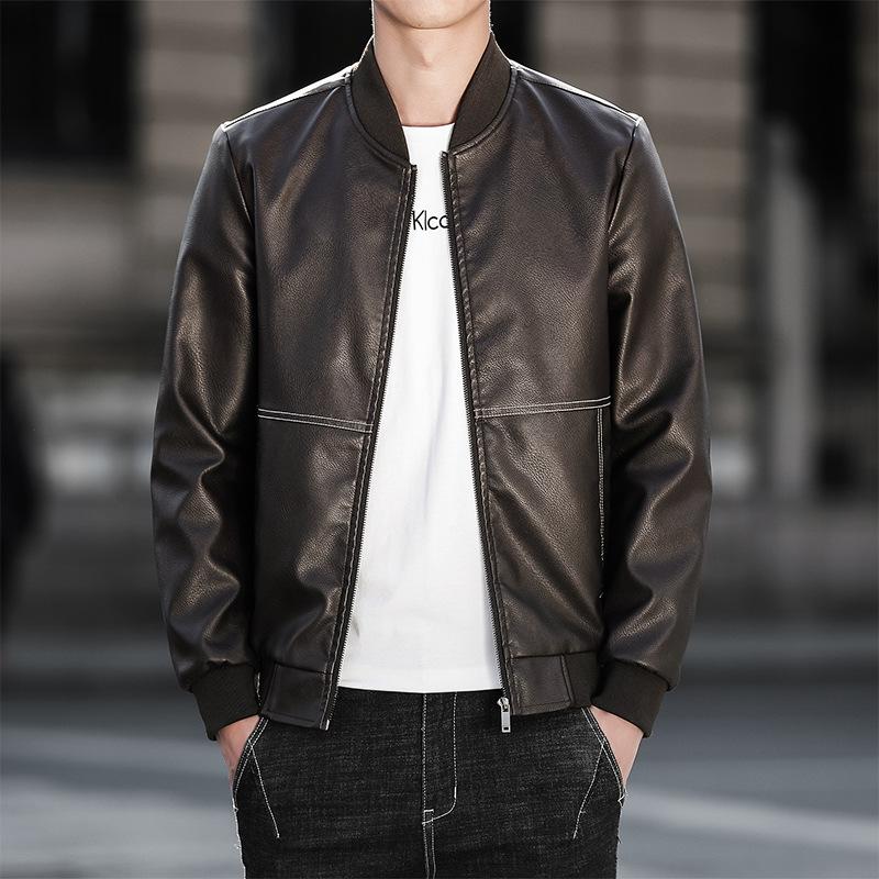 Spring and Autumn New Style Baseball Collar Leather Jacket Men's Slim Handsome Jacket Youth Motorcycle Stand Collar Leather Jacket